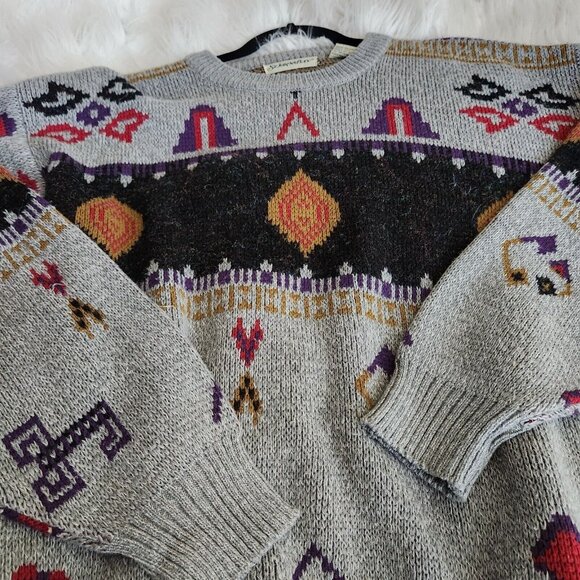 Vtg 90s St Johns Bay Grandpa Sweater Mens L Southwestern Gray Wool Nordic Aztec - Picture 4 of 14